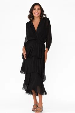 Below Knee Dresses<La Strada Victoria Black Silk V Neck Dress
