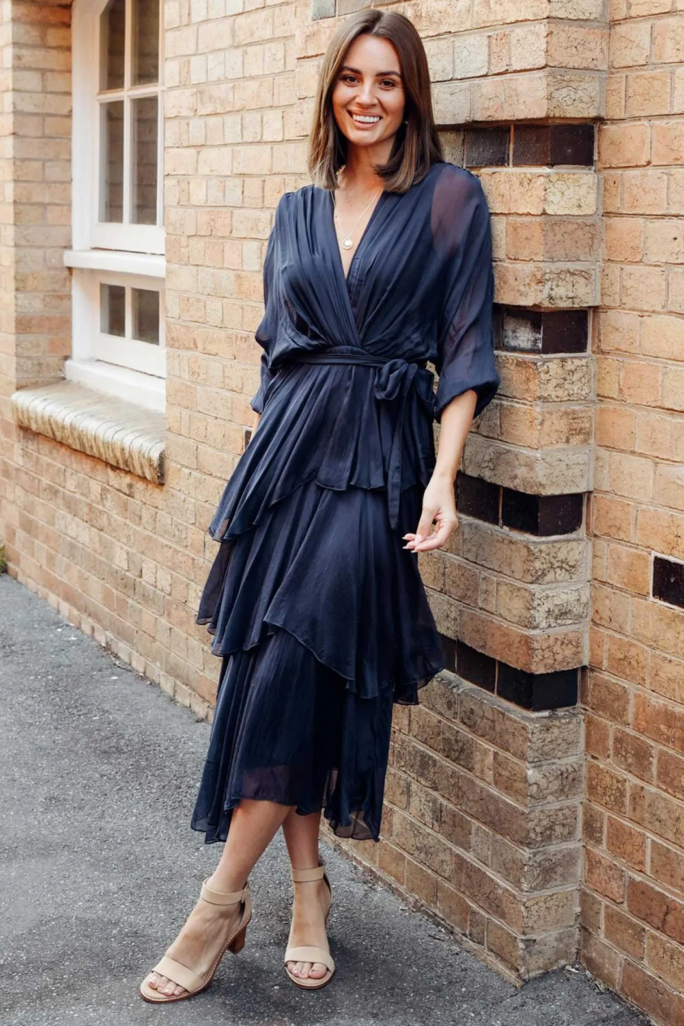 Midi Dresses<La Strada Victoria Navy Silk V Neck Dress