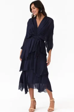 Midi Dresses<La Strada Victoria Navy Silk V Neck Dress