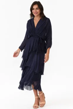 Midi Dresses<La Strada Victoria Navy Silk V Neck Dress