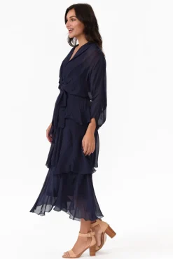 Midi Dresses<La Strada Victoria Navy Silk V Neck Dress