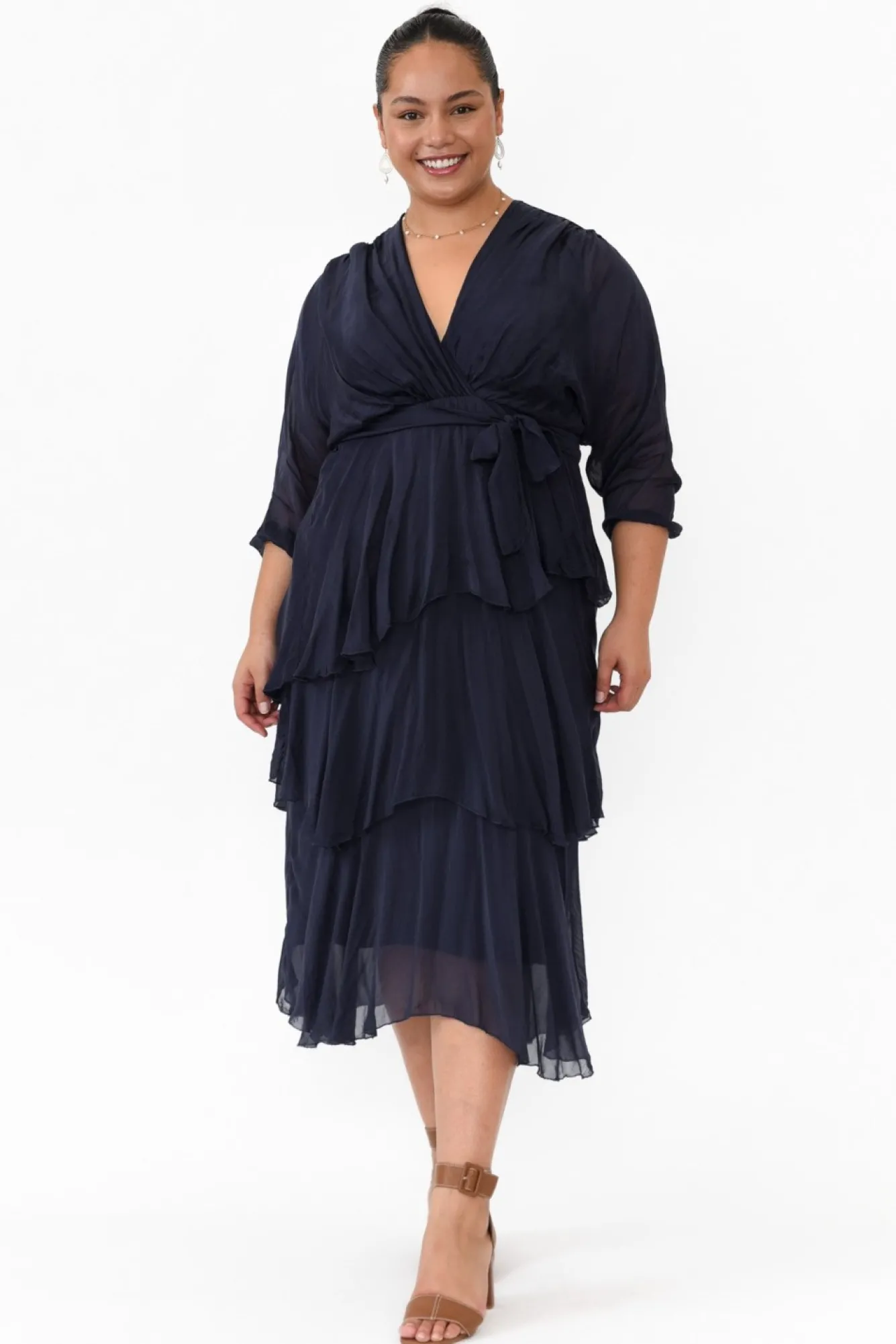 Midi Dresses<La Strada Victoria Navy Silk V Neck Dress