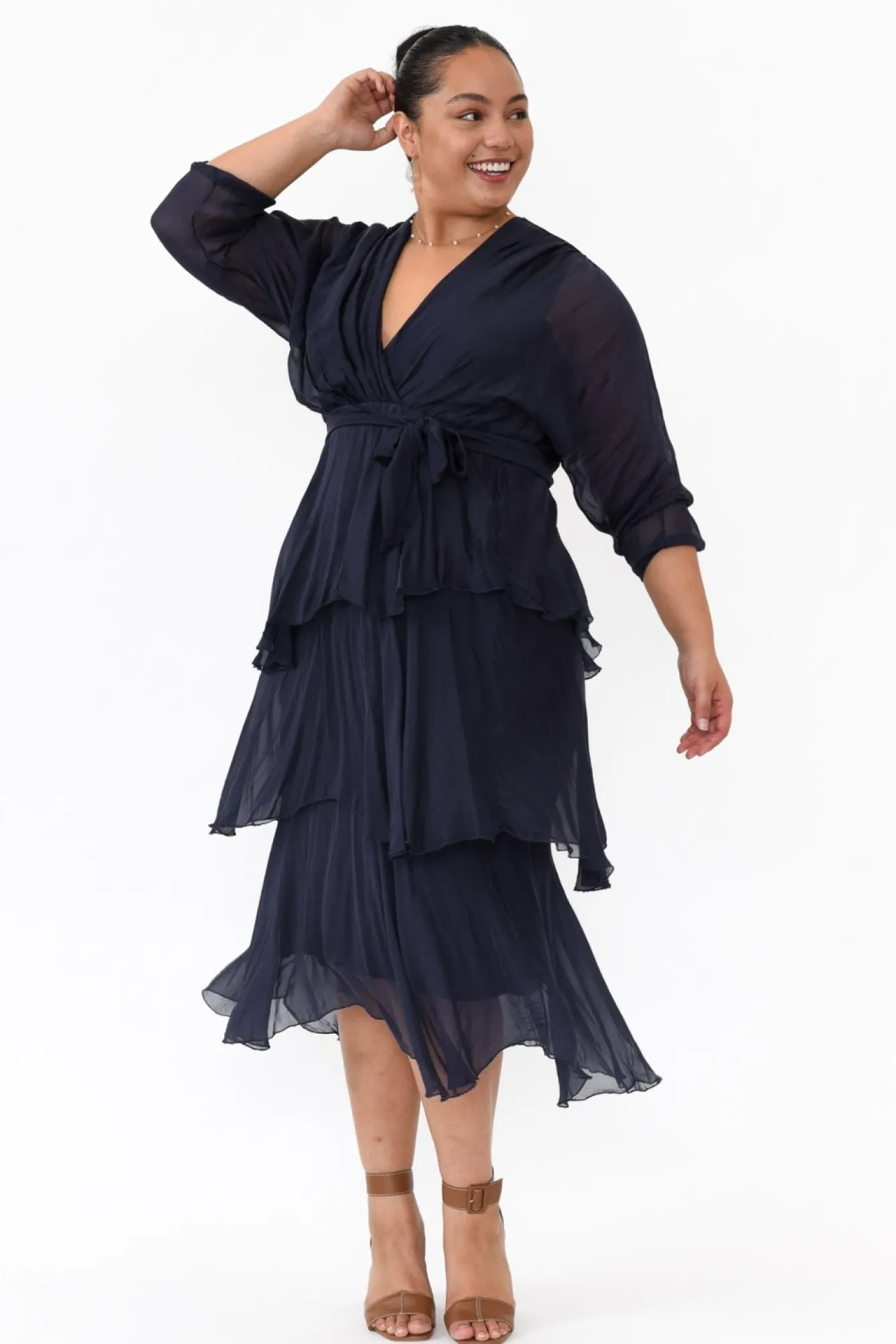 Midi Dresses<La Strada Victoria Navy Silk V Neck Dress