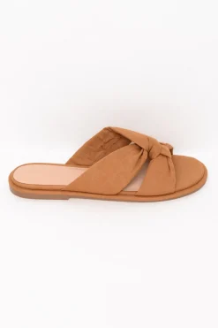 Slides<Nude Shoes Victoria Tan Linen Crossover Slide