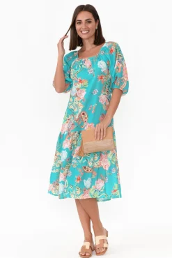 Linen Dresses<Fabuler Vogue Turquoise Paisley Linen Tier Dress