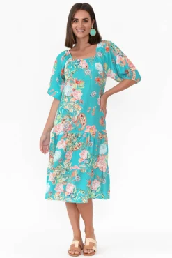 Linen Dresses<Fabuler Vogue Turquoise Paisley Linen Tier Dress