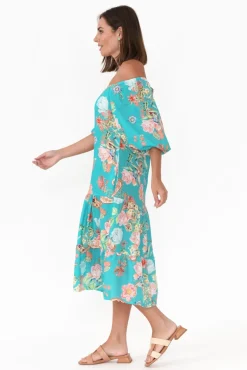 Linen Dresses<Fabuler Vogue Turquoise Paisley Linen Tier Dress