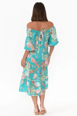 Linen Dresses<Fabuler Vogue Turquoise Paisley Linen Tier Dress