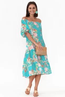 Linen Dresses<Fabuler Vogue Turquoise Paisley Linen Tier Dress