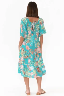 Linen Dresses<Fabuler Vogue Turquoise Paisley Linen Tier Dress