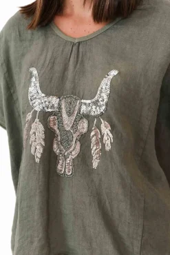 Linen Tops<Donna Donna Wild West Khaki Sequin Linen Tee