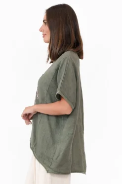 Linen Tops<Donna Donna Wild West Khaki Sequin Linen Tee