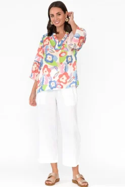 Linen Tops<La Strada Wilda Blue Floral Linen Cotton Top