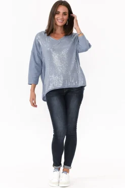 Cotton Tops<La Strada Willard Blue Cotton Sequin Top