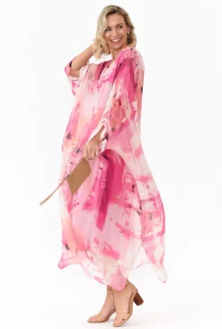 Maxi Dresses<Donna Donna Zephyr Pink Watercolour Silk Layer Dress