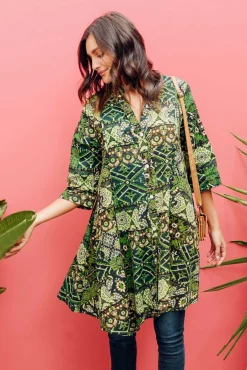 Cotton Tops<Hourglass Zora Green Diamond Cotton Linen Tunic