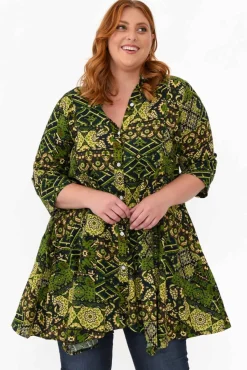 Cotton Tops<Hourglass Zora Green Diamond Cotton Linen Tunic