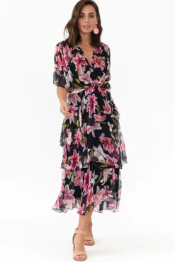 Midi Dresses<L'amore Zula Navy Floral Layer Dress