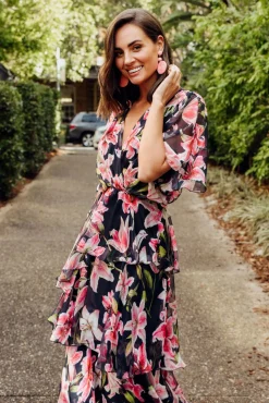 Midi Dresses<L'amore Zula Navy Floral Layer Dress