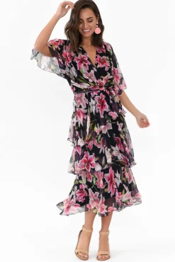 Midi Dresses<L'amore Zula Navy Floral Layer Dress